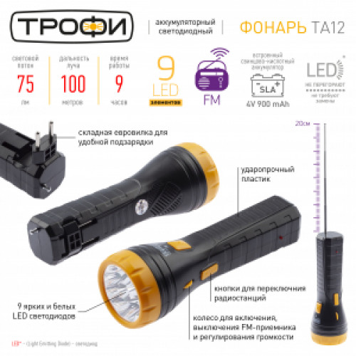 Фонарь TA12  Трофи Акку 4V1Ah, FM радио +9хLED Карт