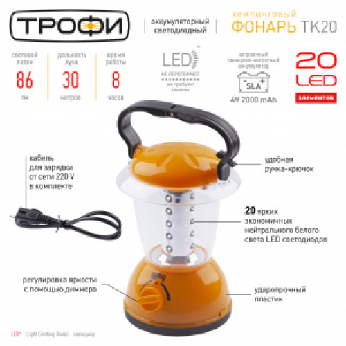 Фонарь TK20  Трофи Акку 4V2Ah, 20xLED, 3у 220 V Карт